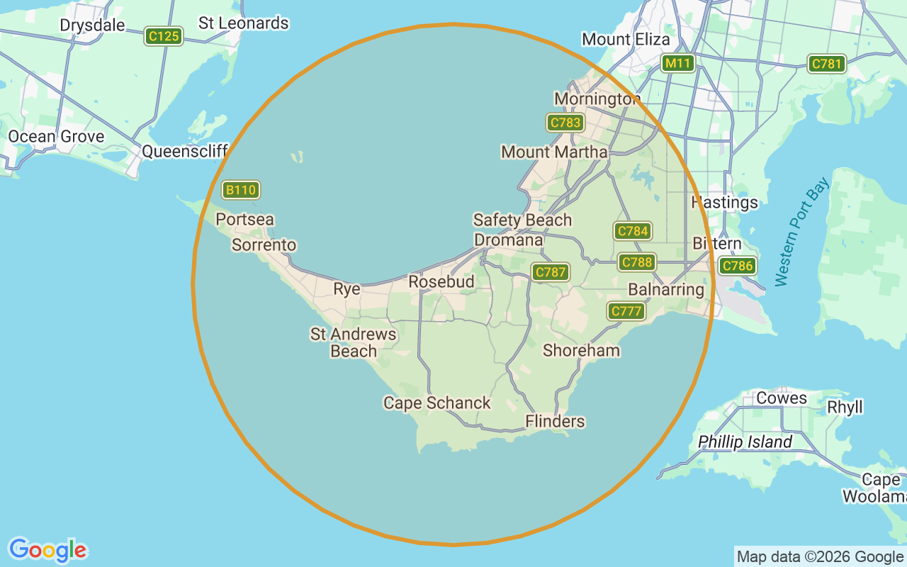 Map of the Mornington Peninsula showing the area covered by Budget Auto Keys, from Mornington to Portsea