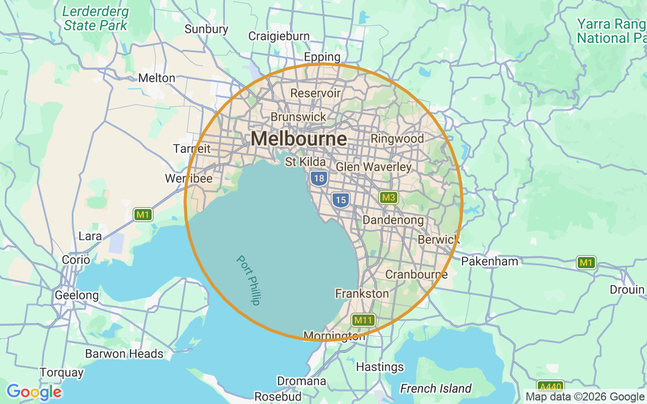 Map of metropolitan Melbourne showing the area covered by Budget Auto Keys